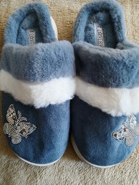 Blue and White Faux-Fur Butterfly Slip-On Slippers, Size 9/L, Like New.